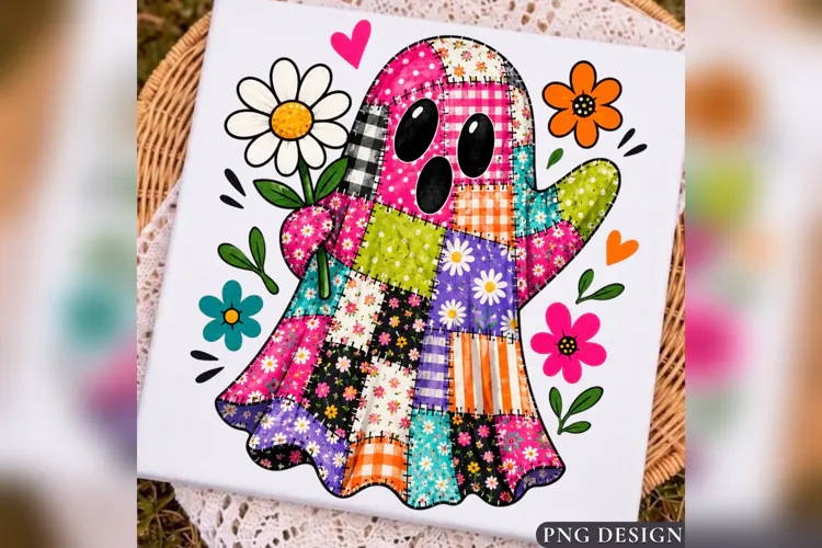 Patchwork Ghost PNG, Floral Halloween Ghost Design