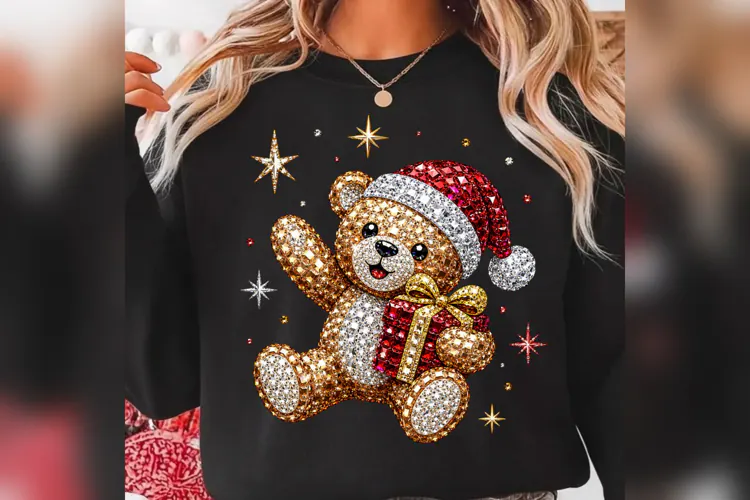 Christmas Teddy Bear PNG, Rhinestone Santa Bear Design,