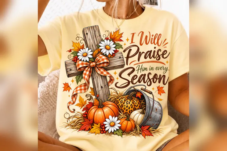Praise Him Every Season PNG, Christian Fall Cross Design