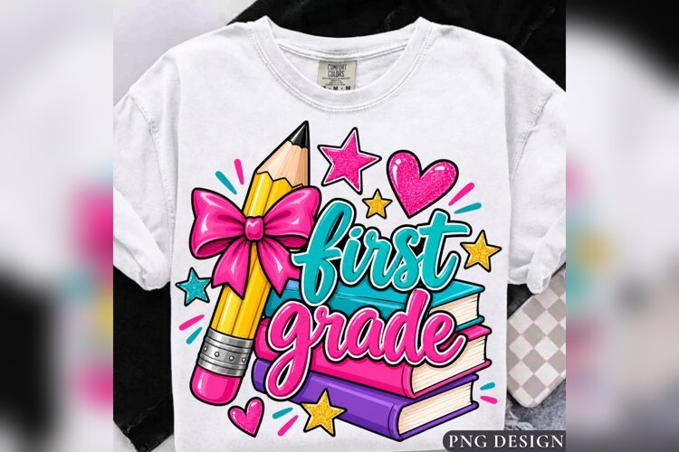 First Grade PNG, Cute Pencil Bow School Design example image 1