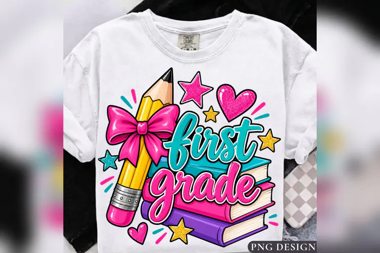 First Grade PNG, Cute Pencil Bow School Design