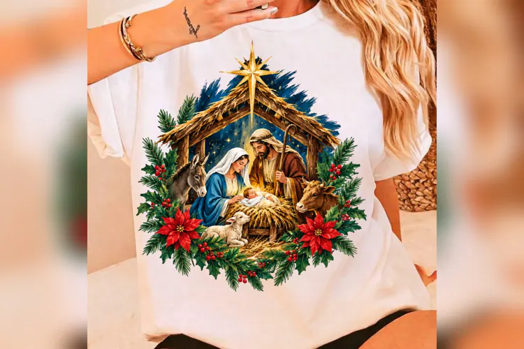 Christmas Nativity Scene PNG, Holy Family Jesus Manger Shirt