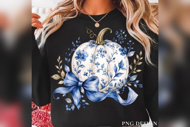 Blue Floral Pumpkin PNG, Chinoiserie Pumpkin with Bow, Coque example image 1