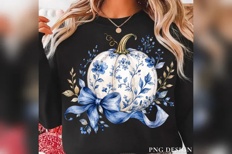 Blue Floral Pumpkin PNG, Chinoiserie Pumpkin with Bow, Coque