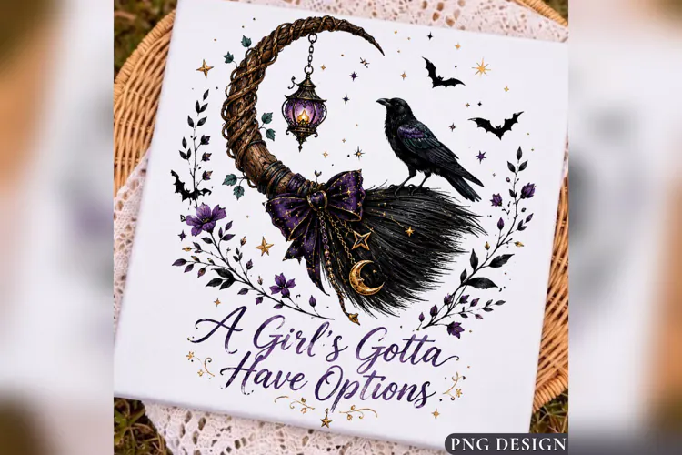 A Girls Gotta Have Options PNG, Witch Broom Raven Halloween