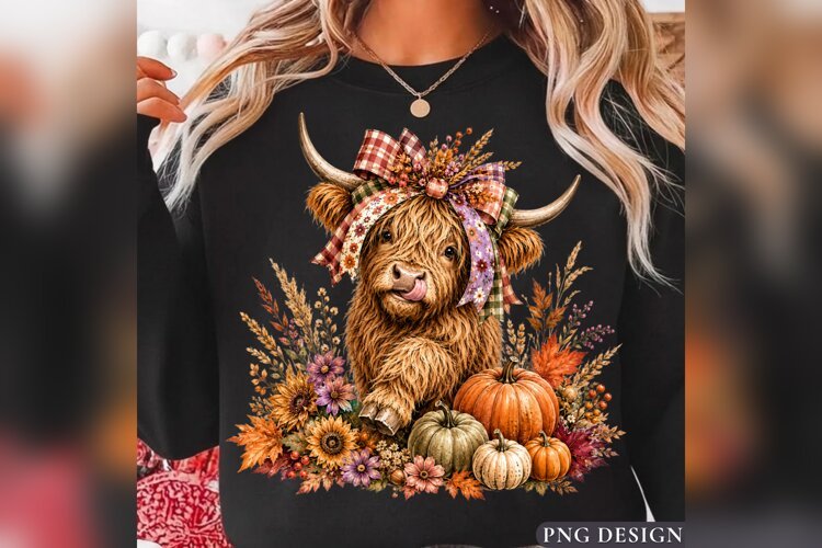Fall Highland Cow PNG, Plaid Bow Pumpkin Cow, Autumn Floral example image 1