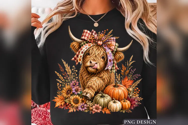 Fall Highland Cow PNG, Plaid Bow Pumpkin Cow, Autumn Floral