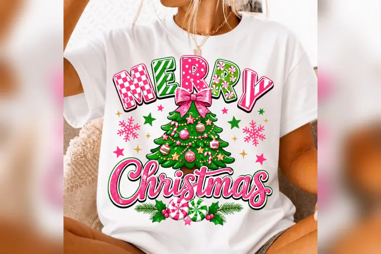 Merry Christmas PNG, Pink Green Christmas Tree Design
