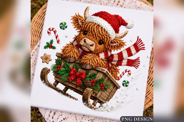 Christmas Highland Cow PNG, Crochet Santa Cow Sleigh Design,