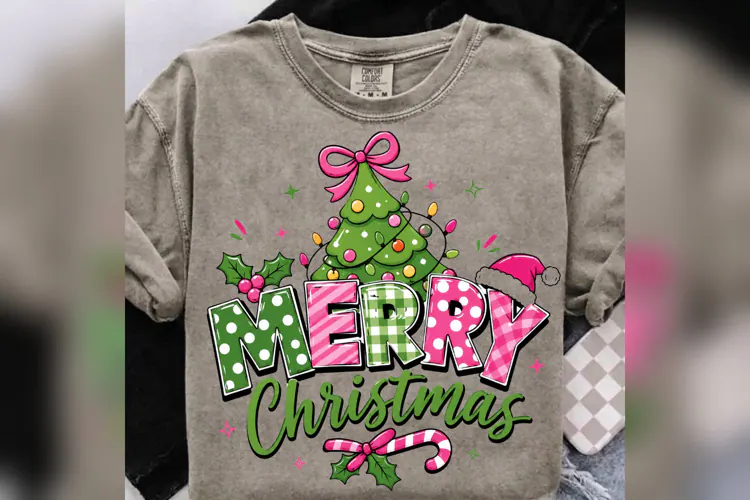 Merry Christmas PNG, Pink Green Christmas Tree PNG, Coquette