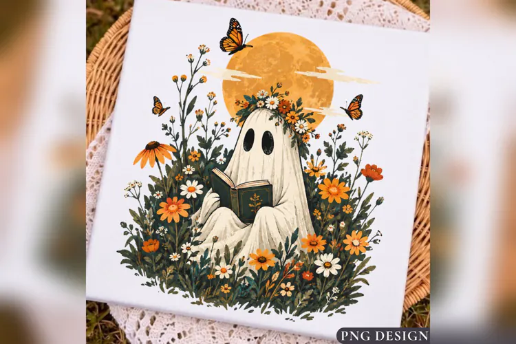 Cozy Ghost Reading PNG, Floral Halloween Book Lover Design