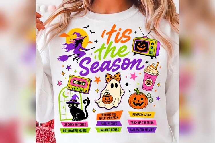 Tis The Season Halloween PNG, Retro Spooky Ghost Witch Pumpk example image 1