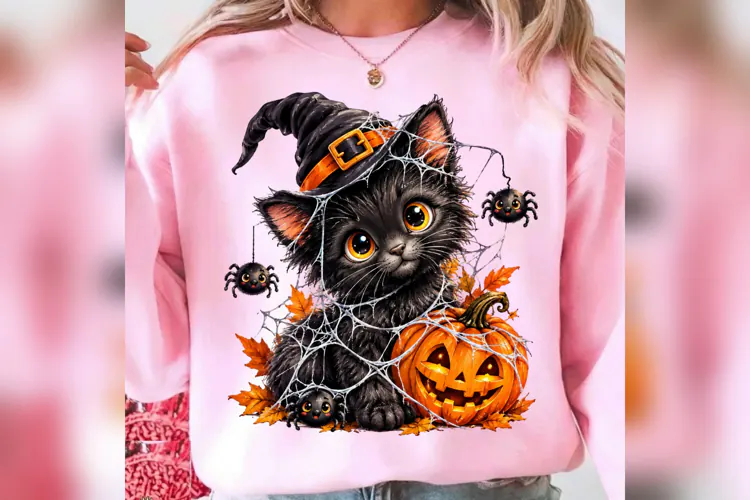 Cute Witch Black Cat Halloween PNG, Pumpkin Spider Web Spook