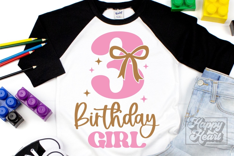 3rd Birthday Girl SVG - Three Bow Birthday Shirt PNG