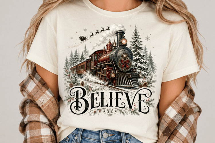 Believe Christmas Train PNG, Vintage Christmas Sublimation, example image 1