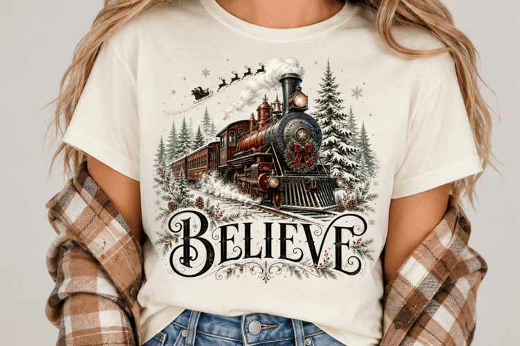 Believe Christmas Train PNG, Vintage Christmas Sublimation,