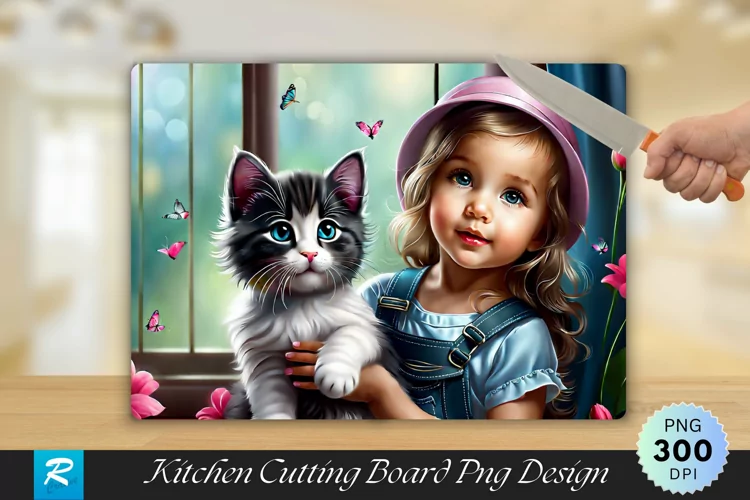 Cute Girl With Cat Cutting Board Sublimation Design