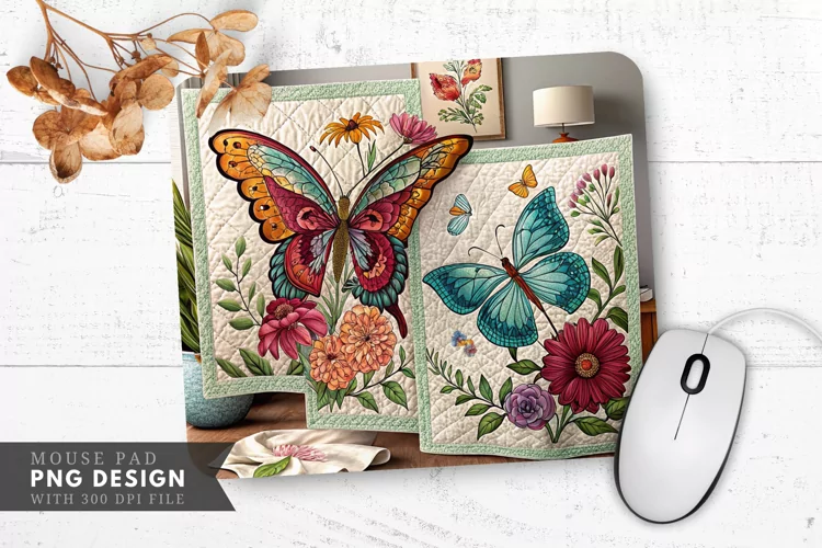 Butterfly And Floral Quilts Mouse Pad PNG Design