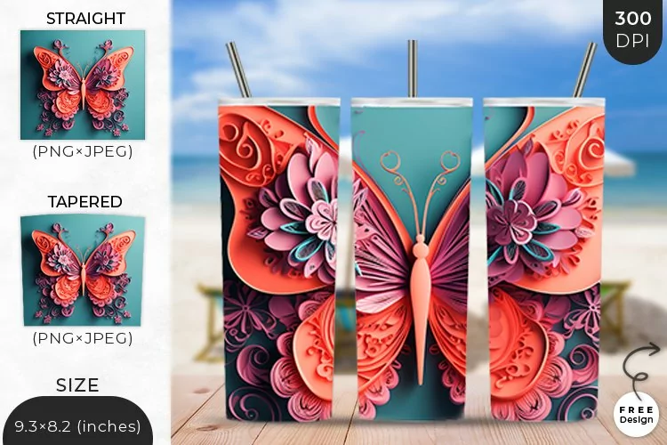 3D Butterfly Tumbler Wrap| 3D Sublimation Wrap Design