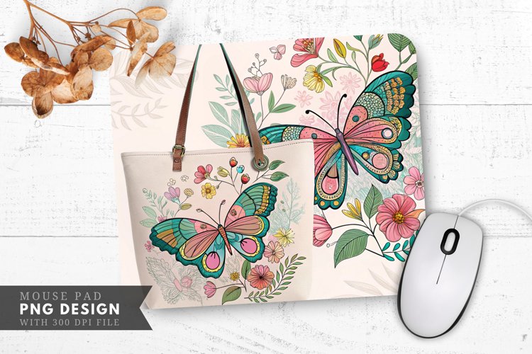 Butterfly Floral Tote Bag Mouse Pad PNG Design example image 1