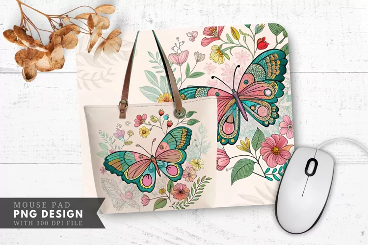 Butterfly Floral Tote Bag Mouse Pad PNG Design