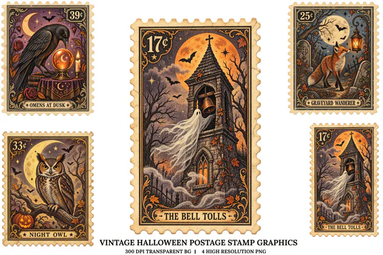 Vintage Halloween Postage Stamp PNG Gothic Spooky Sublimatio