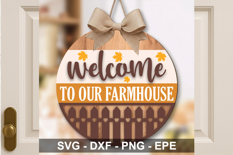 Farmhouse Fall Welcome Sign SVG | Round Door Hanger Design