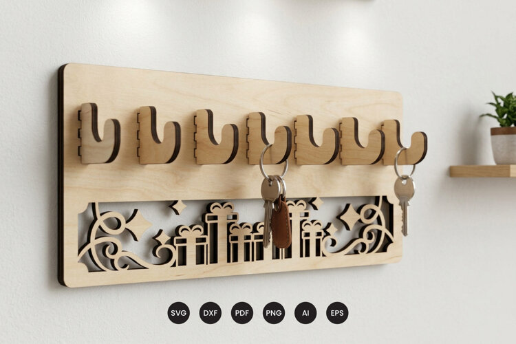 Christmas Key Holder SVG - Laser Cut Wall Hook Rack File example image 1