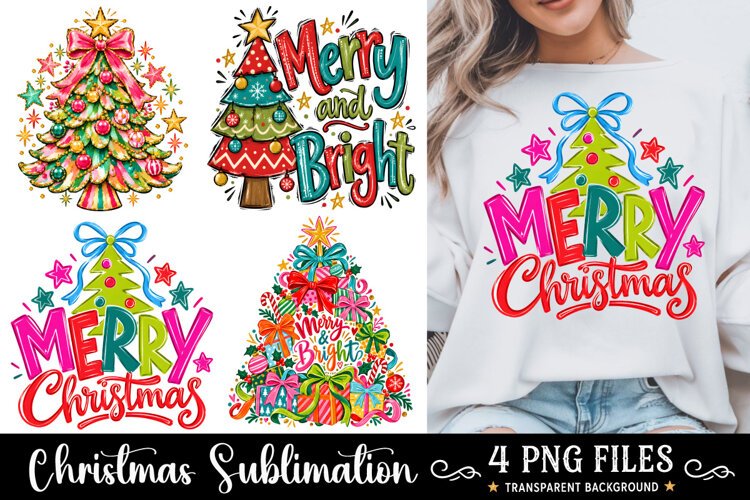 Merry And Bright Glitter Trees PNG, Funny Christmas PNG example image 1