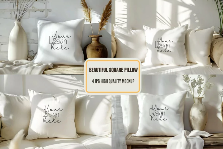 Pillow Mockup, White Square Pillow Mockup, Lay Flat Pillow