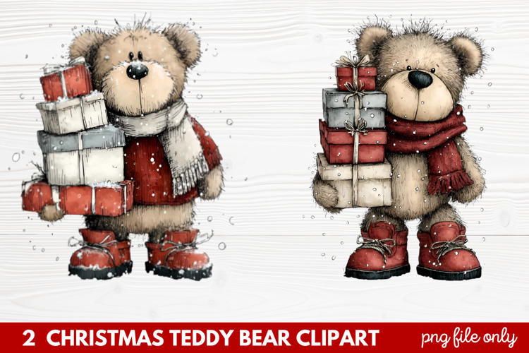 2 Christmas Teddy Bear Clipart | Cute Holiday Bear PNG Illus