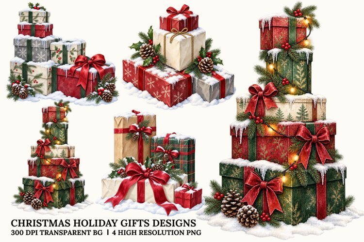 Christmas Gift Boxes PNG, Holiday Present Sublimation Art example image 1