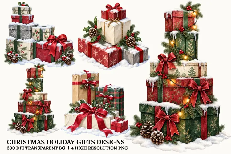 Christmas Gift Boxes PNG, Holiday Present Sublimation Art