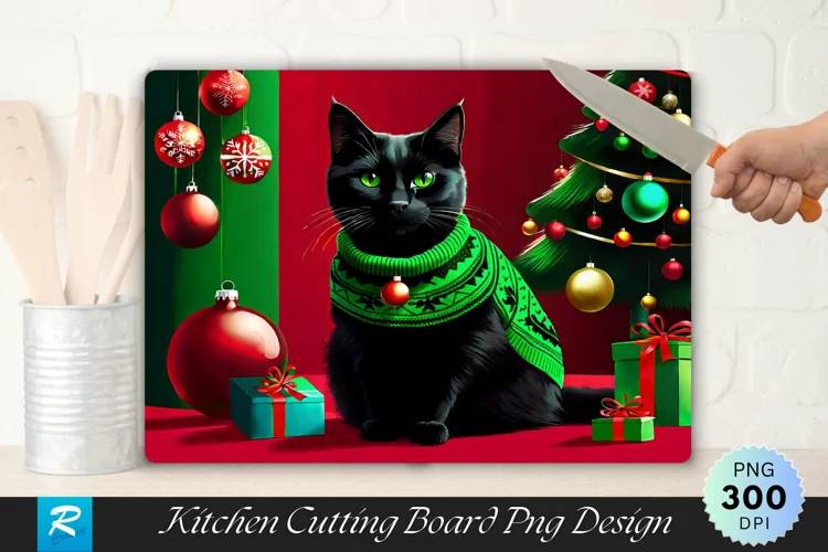 Festive Black Cat Cutting Board Sublimation Design