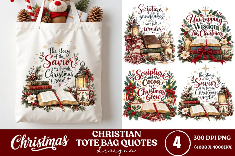 4 Christian Christmas Tote Bag PNGs, 4 Bible Lover Christmas