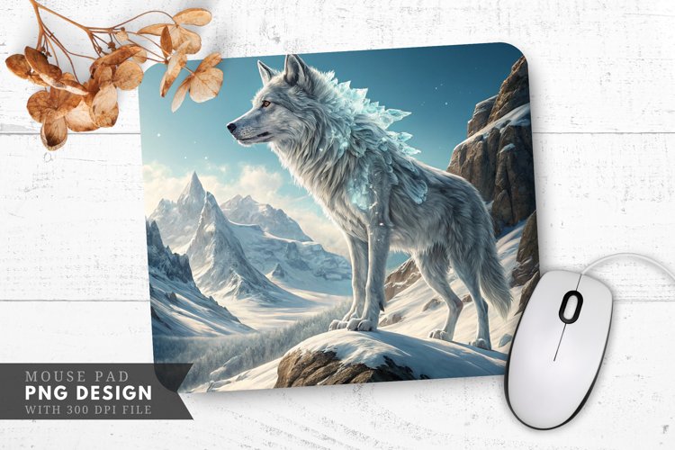 Majestic Wolf on a Snowy Peak Mouse Pad PNG Design