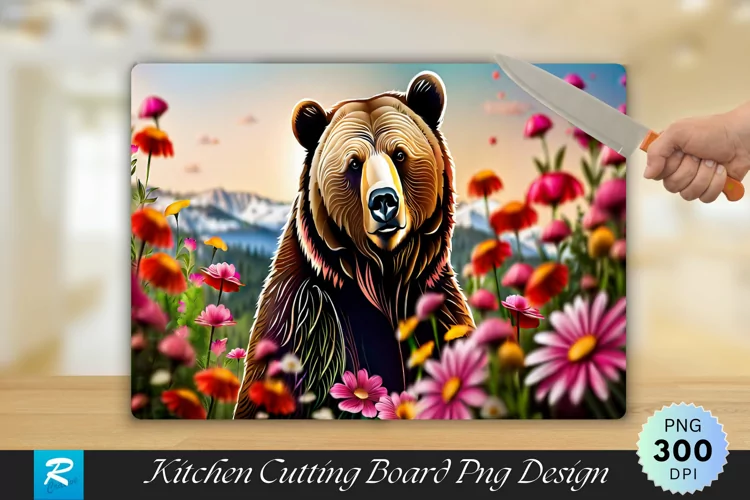 Bear With Flowers Cutting Board Sublimation Design