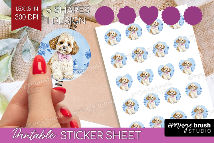 Cavapoo Dog Round Sticker Floral Dog Printable Sticker Sheet