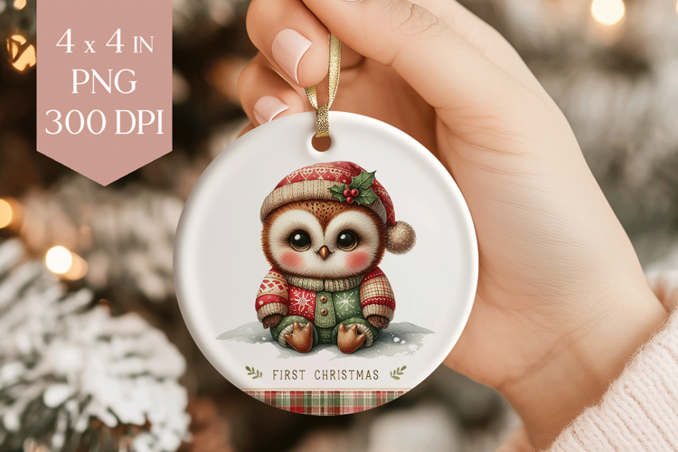 Watercolor Baby Owl Christmas Ornament PNG Design