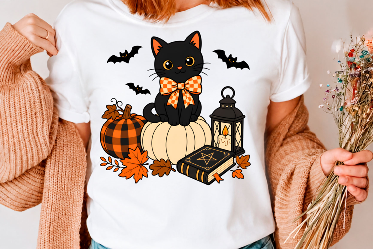 Cute Black Cat Halloween Pumpkin Witchy T-Shirt Design