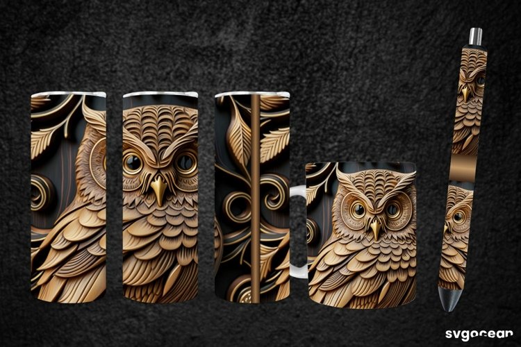 Tooled Leather Owl Sublimation | Tumbler | Mug | Pen example image 1