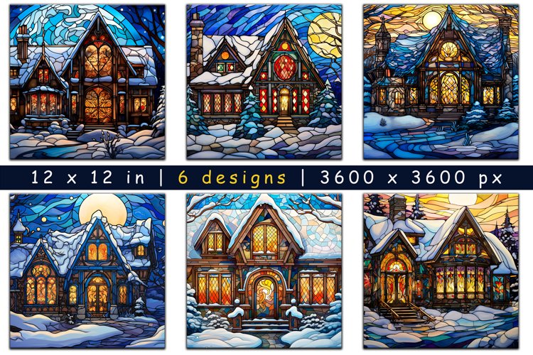 Winter House Stained Glass Digital Paper example image 1