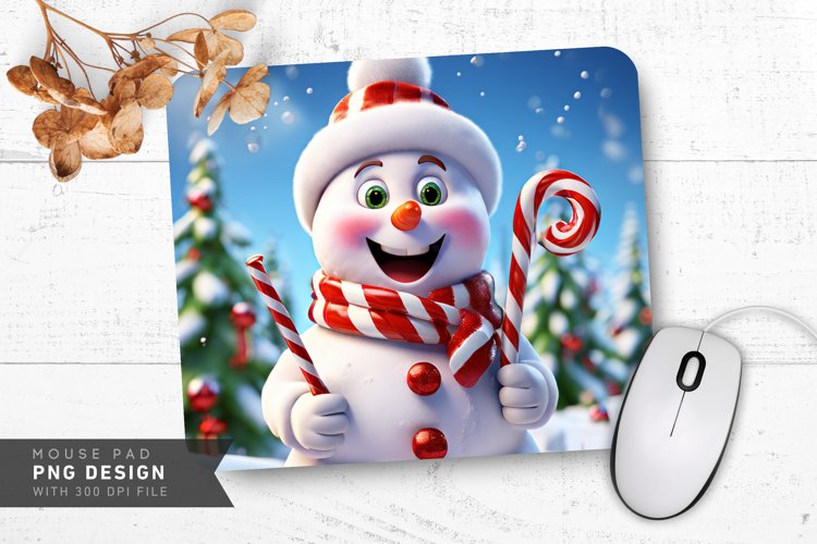 Snowman Holding Candy Cane with Snowy Backdrop Mouse Pad
