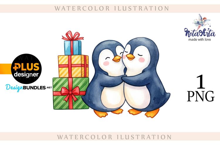 Christmas Penguins in Watercolor Style