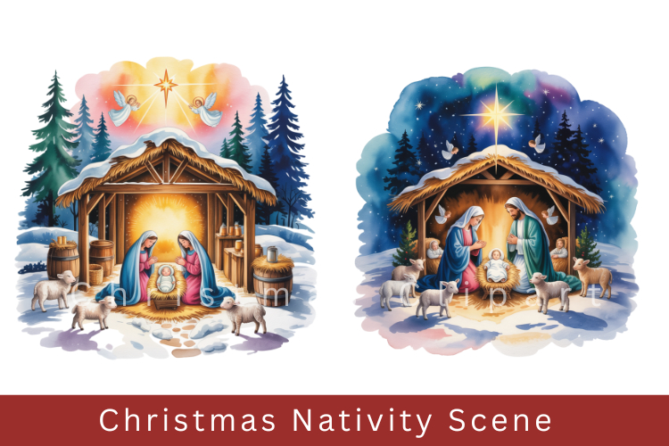 Christmas Nativity Scene Clipart, watercolor Nativity Scene