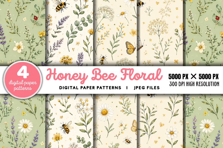 Honey Bee Floral Seamless Digital Paper JPG example image 1