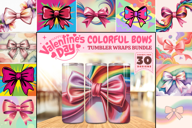 Valentine’s Day Colorful Bows Tumbler Wrap PNG Big Bundle