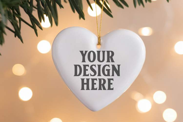 Romantic Christmas Ceramic Heart Ornament Mockup | Holiday