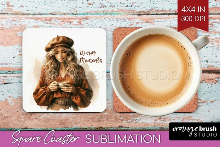 Coffee Girl Square Coaster - Coffee Lover Coaster PNG