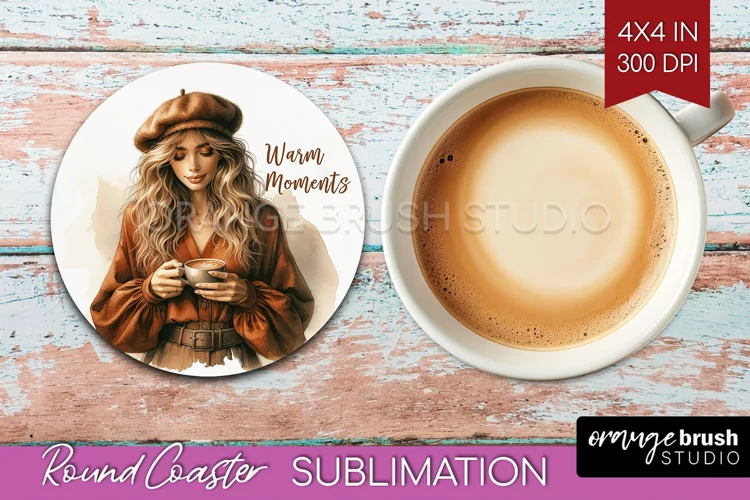 Coffee Girl Round Coaster - Coffee Lover Coaster PNG
